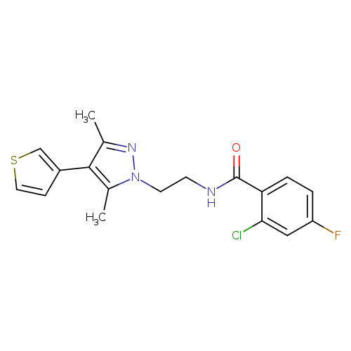 2-chloro-N-{2-[3,5-dimethyl-4-(thiophen-3-yl)-1H-pyrazol-1-yl]ethyl}-4-fluorobenzamide