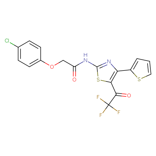 2-(4-chlorophenoxy)-N-[4-(thiophen-2-yl)-5-(2,2,2-trifluoroacetyl)-1,3-thiazol-2-yl]acetamide