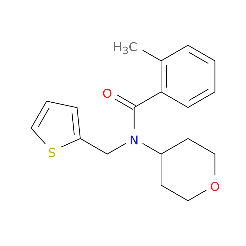 2-methyl-N-(oxan-4-yl)-N-[(thiophen-2-yl)methyl]benzamide