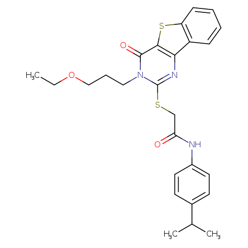 2-{[5-(3-ethoxypropyl)-6-oxo-8-thia-3,5-diazatricyclo[7.4.0.0^{2,7}]trideca-1(9),2(7),3,10,12-pentaen-4-yl]sulfanyl}-N-[4-(propan-2-yl)phenyl]acetamide