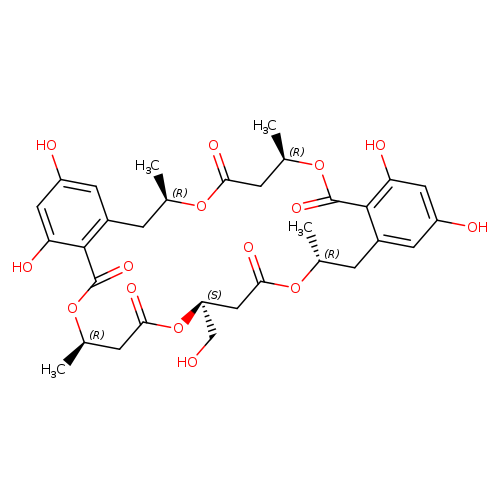 5H,9H,13H,21H,25H-Dibenzo[k,u][1,5,9,15,19]pentaoxacyclotetracosin-5,9,13,21,25-pentone, 7,8,11,12,15,16,23,24,27,28-decahydro-2,4,18,20-tetrahydroxy-11-(hydroxymethyl)-7,15,23,27-tetramethyl-, (7R,11S,15R,23R,27R)-