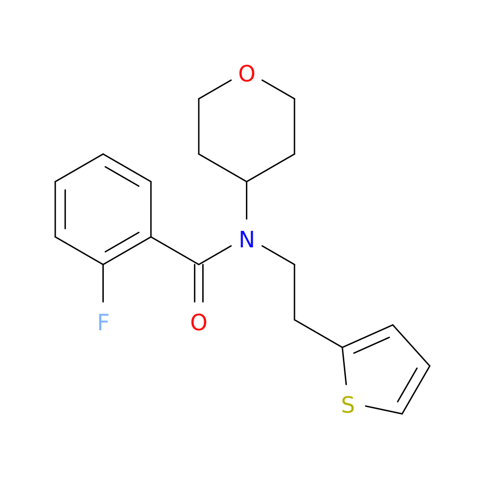 2-fluoro-N-(oxan-4-yl)-N-[2-(thiophen-2-yl)ethyl]benzamide