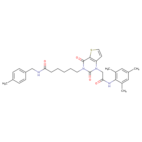 6-(2,4-dioxo-1-{[(2,4,6-trimethylphenyl)carbamoyl]methyl}-1H,2H,3H,4H-thieno[3,2-d]pyrimidin-3-yl)-N-[(4-methylphenyl)methyl]hexanamide
