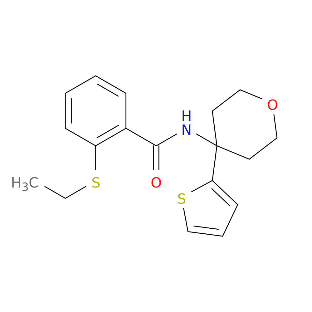 2-(ethylsulfanyl)-N-[4-(thiophen-2-yl)oxan-4-yl]benzamide