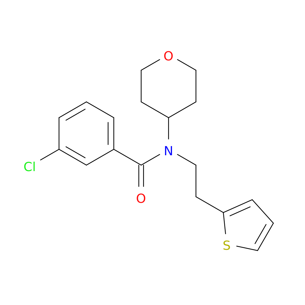 3-chloro-N-(oxan-4-yl)-N-[2-(thiophen-2-yl)ethyl]benzamide