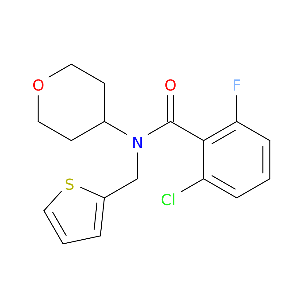 2-chloro-6-fluoro-N-(oxan-4-yl)-N-[(thiophen-2-yl)methyl]benzamide
