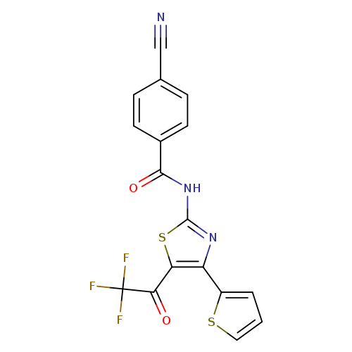 4-cyano-N-[4-(thiophen-2-yl)-5-(2,2,2-trifluoroacetyl)-1,3-thiazol-2-yl]benzamide
