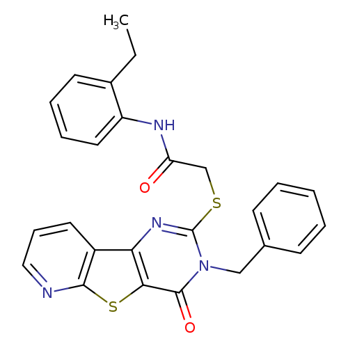 2-({5-benzyl-6-oxo-8-thia-3,5,10-triazatricyclo[7.4.0.0^{2,7}]trideca-1(9),2(7),3,10,12-pentaen-4-yl}sulfanyl)-N-(2-ethylphenyl)acetamide
